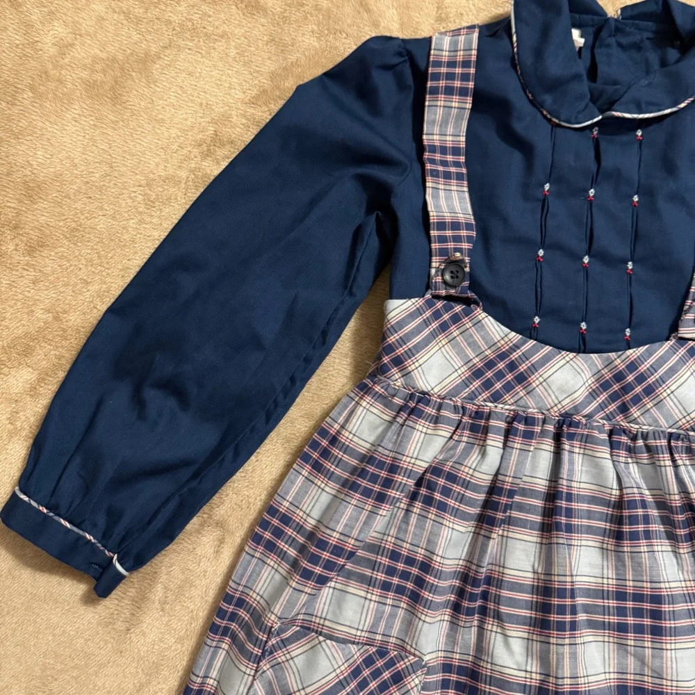 Polly Flinders Vintage Navy Plaid Hand Smocked Dress Girls 6X